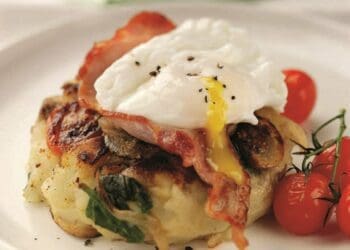 Breakfast Hash with Bacon and Poached Eggs