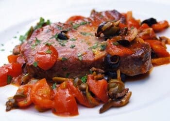 Tuna Steak with Tomato, Mushroom and Olive Sauce Recipe- TheRecipe.Website