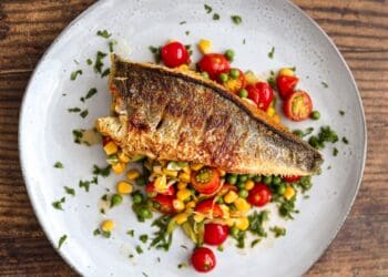 Pan Fried Sea Bass with Fresh Vegetables Recipe - TheRecipe.Website